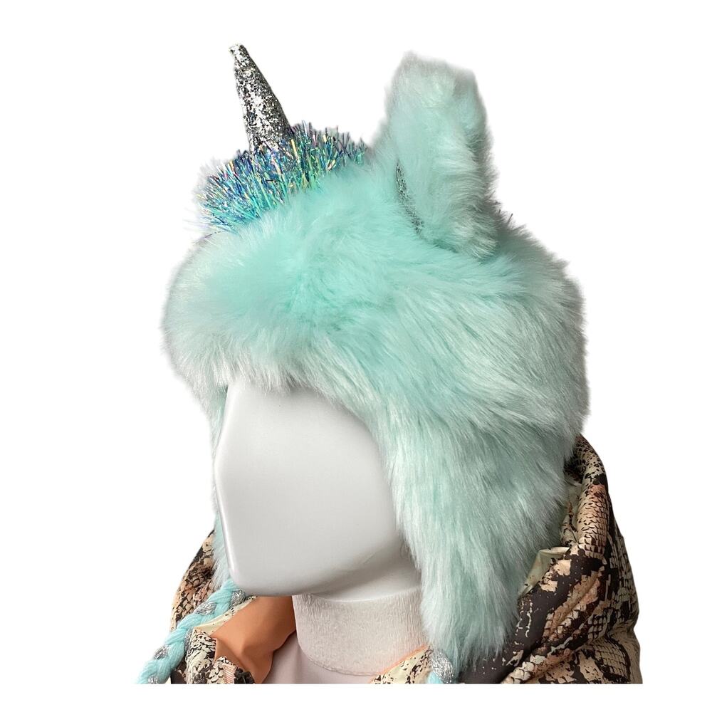 JUSTICE Winter Unicorn Faux Fur Earflap Hat Mohawk Mane Glitter Unicorn Girls